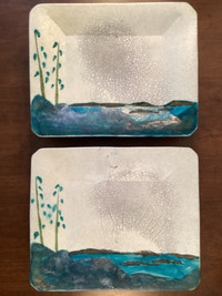2 Signed Vintage Hand Painted Footed Clay Pottery Sushi Plates