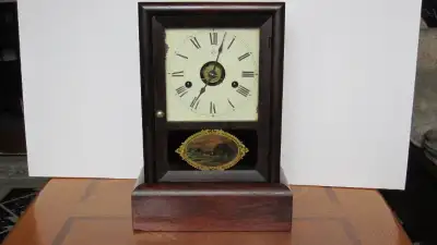 ANTIQUE SETH THOMAS COTTAGE CLOCK NICE REVERSE PAINTING, View more
