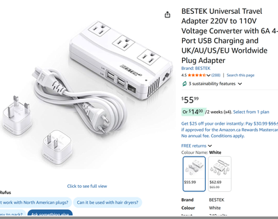 BESTEK Universal Travel Adapter 100-240V AC Input 115V AC Output, View more