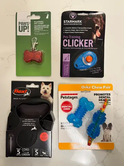 4 great NEW items for small dog owners. - Star Mark clicker trainer - Paws Up flashing pet light, at...