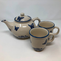 Boleslawiec Poland Pottery Butterfly Teapot with 2 Large Mugs