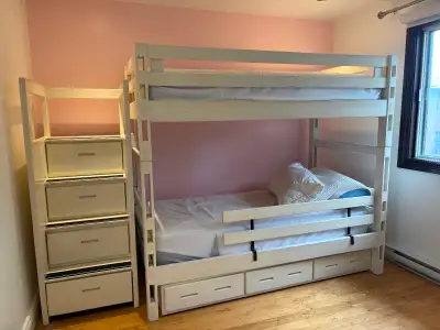 Lit superpose avec escalier tiroir, tiroir gigogne et 2 matelas, View more