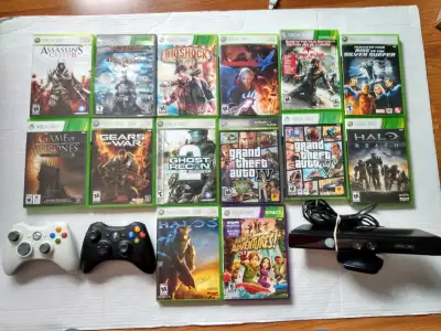XBOX 360 BUNDLE OF 14 GAMES A KINECT VR CAMERA AND 2 CONTROLLERS, View more