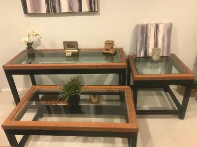 Set of 3 black wood & wicker glass-top tables, View more