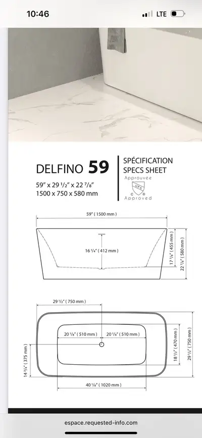 Bain autoportant 59” defino acrylic neuve blanc, View more
