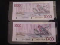 1988 Sequential 2 Bank of Canada $1000 one thousand dollar bills