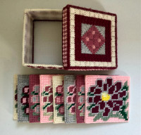 PRICE DROP! Set of 8 Handmade Needlework Coasters with Box