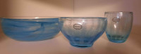 BLUE GLASS 3 pieces handblown bowls and glass