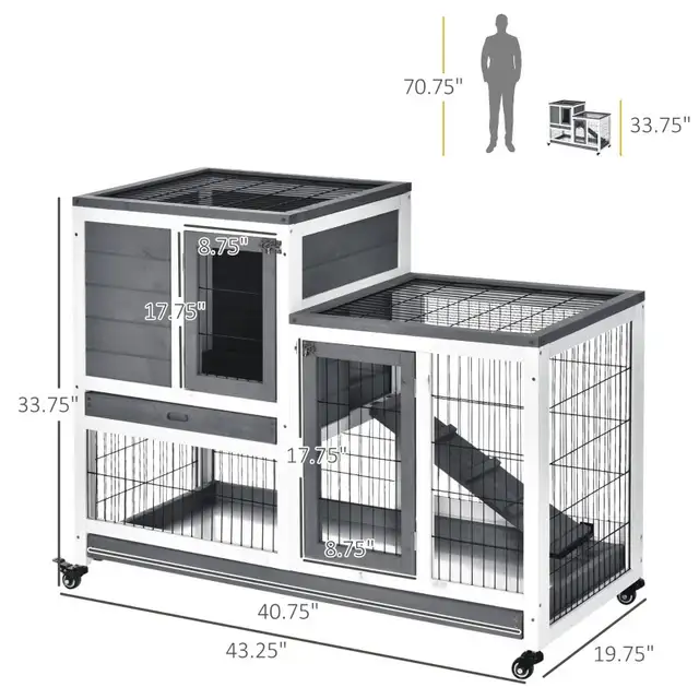 43.25" 2-tier Wooden Rabbit Hutch, Indoor Bunny Cage, 2 trays  in Accessories in Markham / York Region - Image 3
