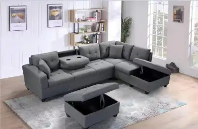 New Fabric Sectional Sofa with Storage Ottoman Elegant Grey Sale