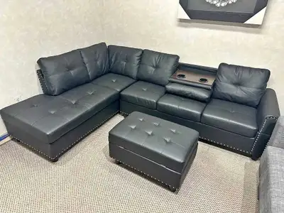 Brand New Sectional sofa with ottoman and studs in leather, View more