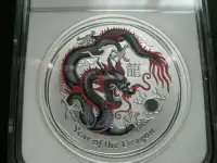 2012 YEAR OF THE DRAGON LUNAR "Grey-Red" COLORIZED MS-67