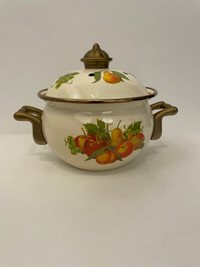 Vintage Enamel Small Pot Brass Handles Fruit Design, Vented Lid