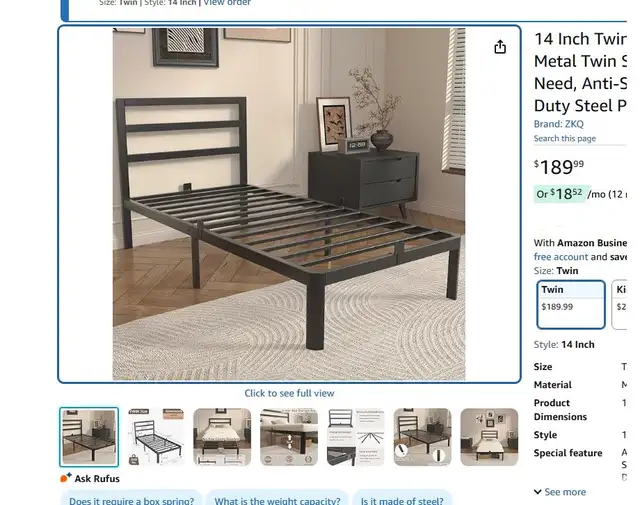 14 Inch Twin Bed Frame with Headboard, Black Metal Twin Size Bed in Beds & Mattresses in Longueuil / South Shore - Image 3