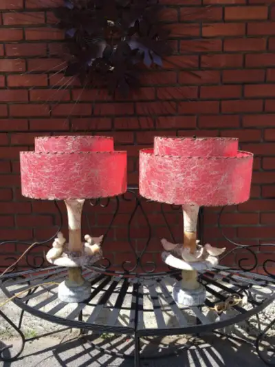 Pair of vintage Italian alabaster lamps with fibreglass shades, View more