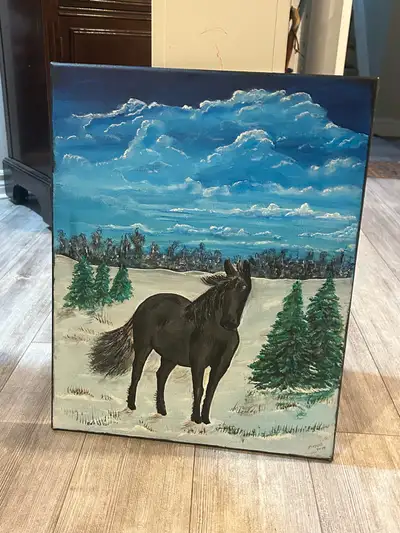 Black Horse Winter Landscape Canvas Painting OBO, View more