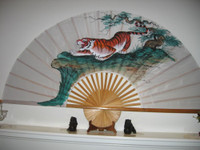 OIL ON SILK PAINTING FAN , THE TIGER .