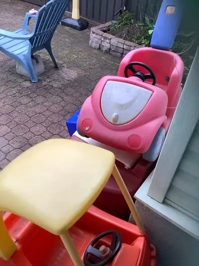 Red car, yellow push bike, sandbox, View more