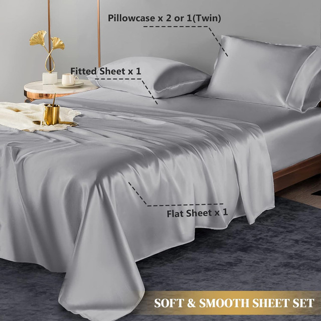 4 PC Silver Grey Satin Sheet Set • 17" Deep Pocket • Queen Size in Bedding in Barrie - Image 3