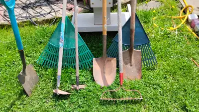 Experienced garden tools for sale, contact for prices.Round pointed shovel and rake gone.