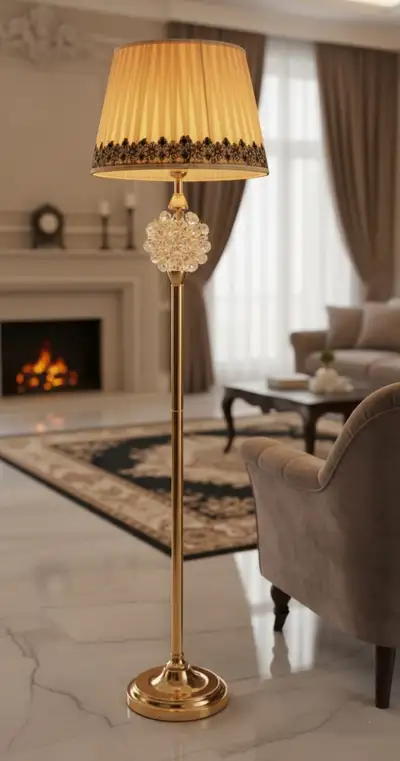 Gold Floor Lamp with Crystal Accent – Embroidered Shade, View more