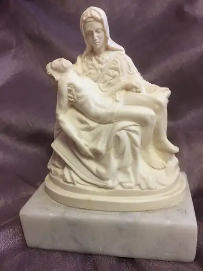 Vintage Pieta Statue Michelangelo White Alabaster on Marble Base, View more