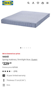 IKEA VADSÖ Spring mattress, firm/light blue, Queen + Free candle