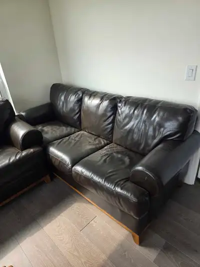 Genuine Leather Sofa Set – 3 Seater + Loveseat – Good Condition, View more