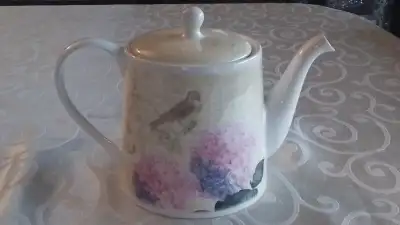 FINE PORCELAIN LARGE TEAPOT - FLOWERS, BIRD - FLORAL TREASURES ., View more