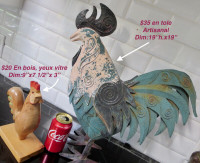 Grand Coq en Tole ($35)& Coq en bois sculpter ($20) Vtg Roosters