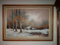 BEAUTIFUL LARGE 36" BY 24" OIL ON CANVAS WINTER LANDSCAPE PAINTI