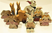 NEW, 12 CANADIAN HAND CRAFTED, WOOD BUNNY FOLK ART MINI FIGURES