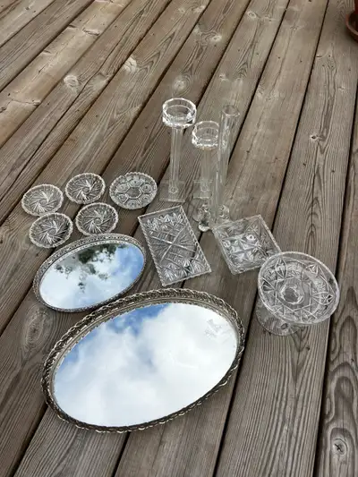 Assorted vintage mirrors, plates, coasters, candle holders, View more