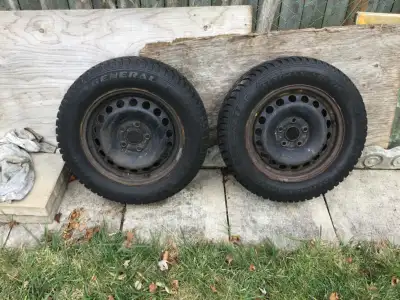 2 general tires made in GERMANY 195 65 r15 Plenty of thread left. Very good condition on Steele rims...