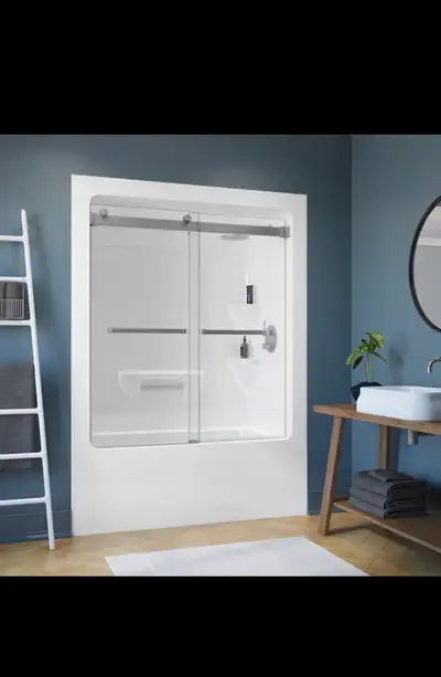 Longevity Tub Shower units Essentia 2060 White Four corner shelves two in each corner. Centre towel...