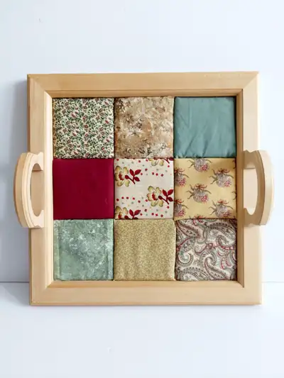 Wooden tray with fabric patchwork inlay, View more