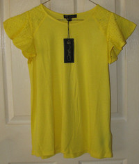 Diane Gilman T-Shirt Top w/Eyelet Flutter Sleeves XS Yellow NEW