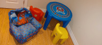 Thomas table and chairs $15, Spiderman couch $15