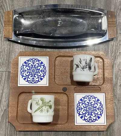 MCM Mid Century Teak Tray + Fire-King Mugs + Kromex Tray, View more