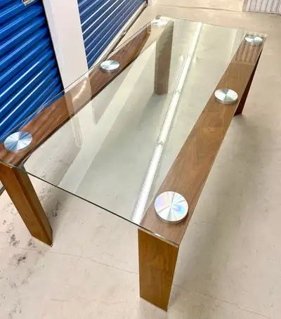 Modern Glass Dining Table with Solid Wood Base, View more