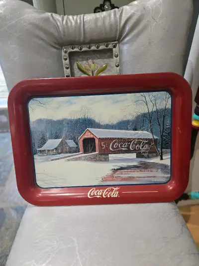 Vintage 1996 Coca-Cola Metal Display Tray Covered Winter Bridge by Jim Harrison