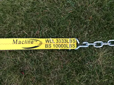 Two - MACLINE heavy duty tie down straps. 24 inches of strap with single J-hook end and 20 inches of...
