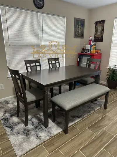 Dining table with 4 chairs and bench, View more