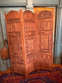 Gorgeous 3 panel teak room divider hand carved 73”H X 53 3/4”