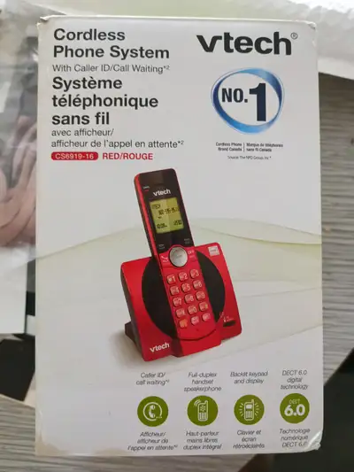 Red cordless phone with stand., View more