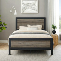 Queen Size Industrial Wood & Metal Bed in Grey Wash