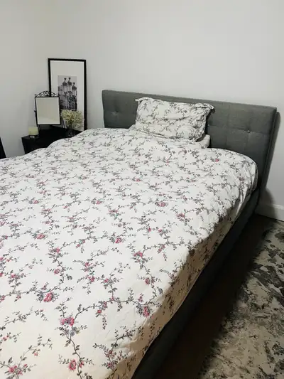 Queen Bed Frame + Mattress + FREE Bedding Set – Good Condition, View more