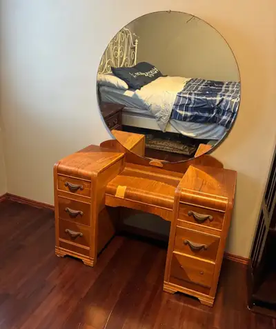 Antique Waterfall Dresser with Vanity Mirror, View more