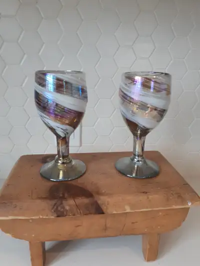 hand blown wine glasses swirl purple iridescent art glass, View more