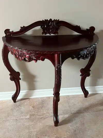 WOOD CARVED CONSOLE TABLE MEASURES 36” HIGH X 36” WIDE X 17.5” DEEP SMOKE FREE, PET FREE HOME, UNDAM...